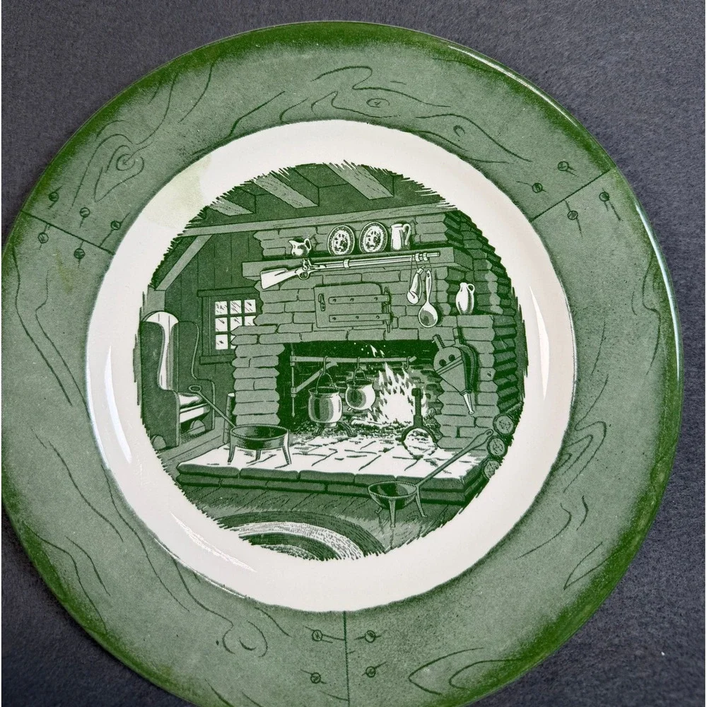 Royal China‎ Colonial Homestead Green Transferware Dinner Plates Set of 2 USA
